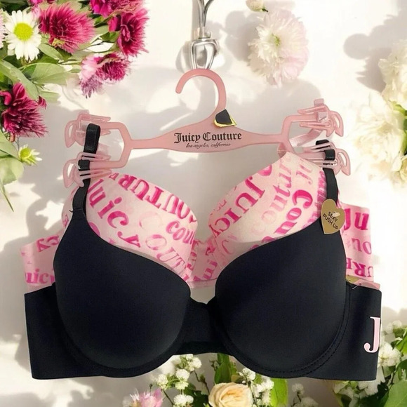 Juicy Couture Pink Logo Print & Black Push-Up Bra Set NWT Size 38C - Picture 1 of 5